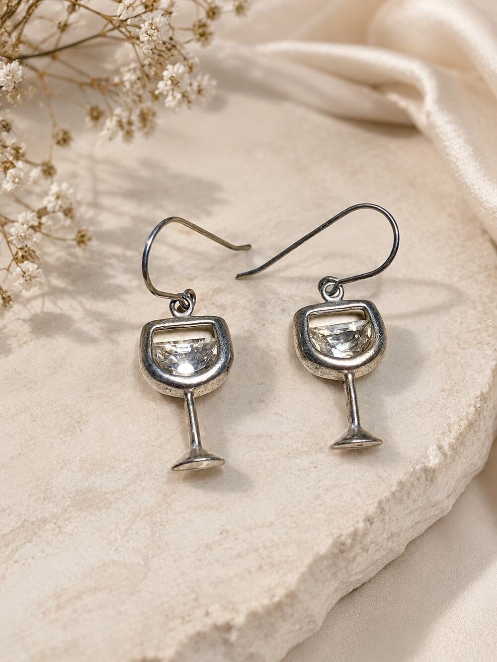 Vintage Sterling Silver 925 Champagne Wine Glass Dangle Earrings